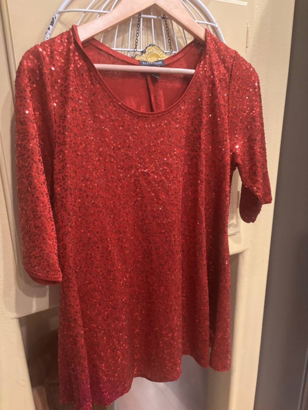 Eileen Fisher Red Sequin Short Sleeve Blouse